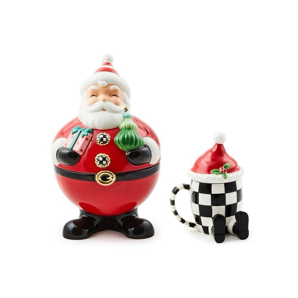 Mackenzie Childs Santa Cookie Jar & Lidded Mug Set NIB